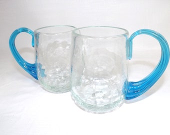 Blenko Glass Two #442-G Mugs Crystal Crackle with Turquoise Handles Pre-Designer