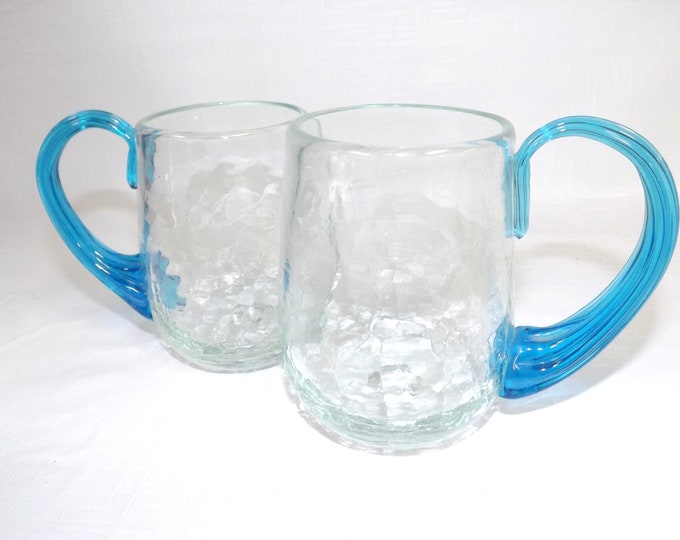 Featured listing image: Blenko Glass Two #442-G Mugs Crystal Crackle with Turquoise Handles Pre-Designer