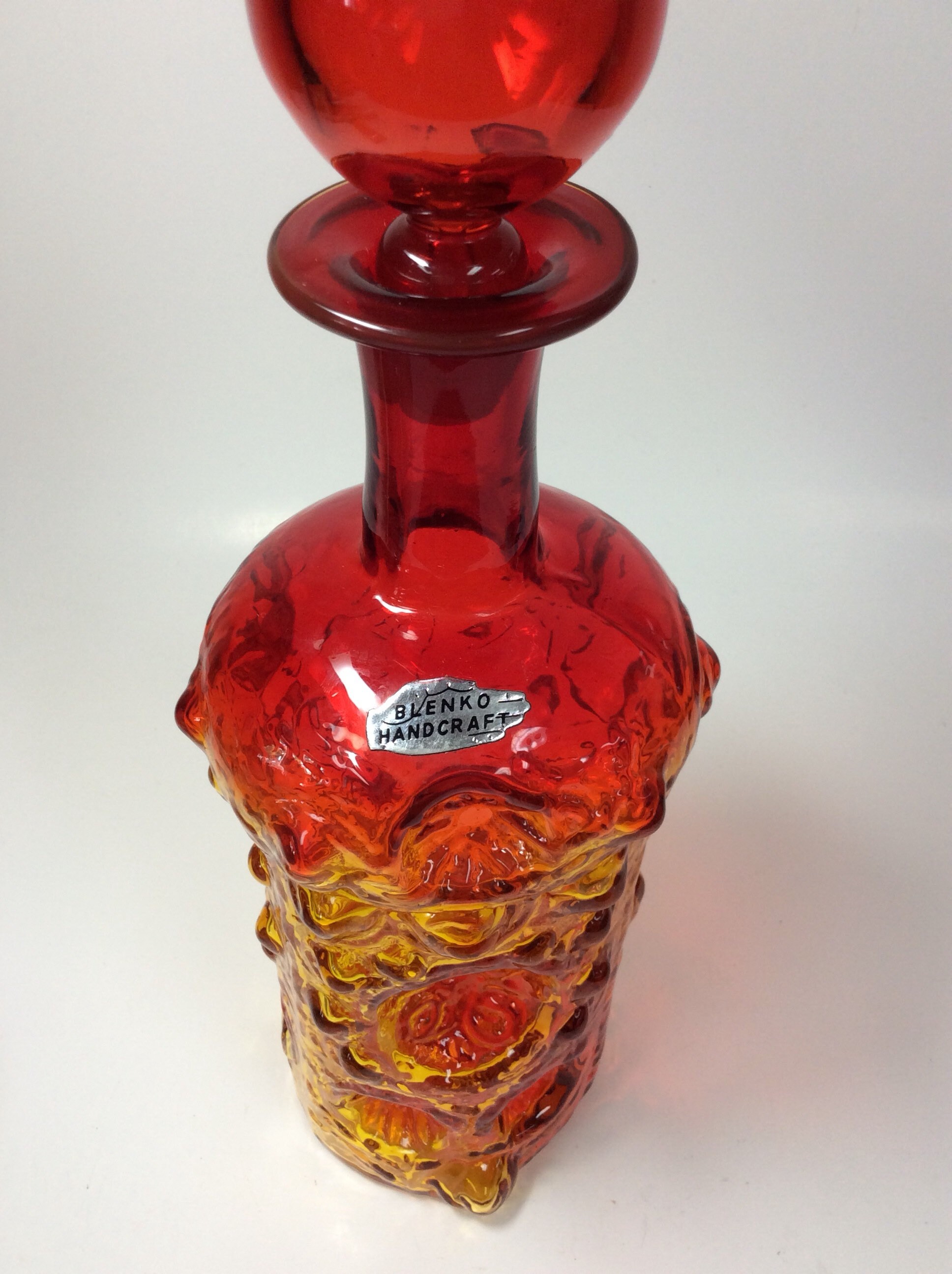 Blenko Glass decanter 6819 in tangerine amberina Joel Myers.