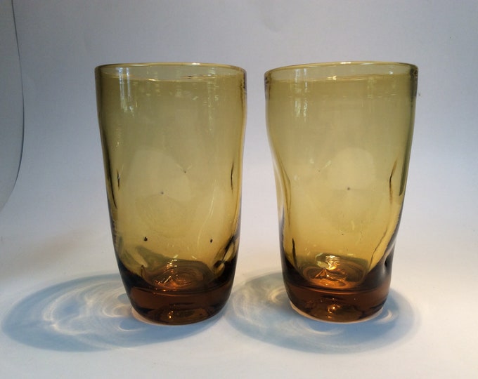Featured listing image: One pair Bischoff Glass hand blown #232HB highball glasses, amber, pinched tumblers