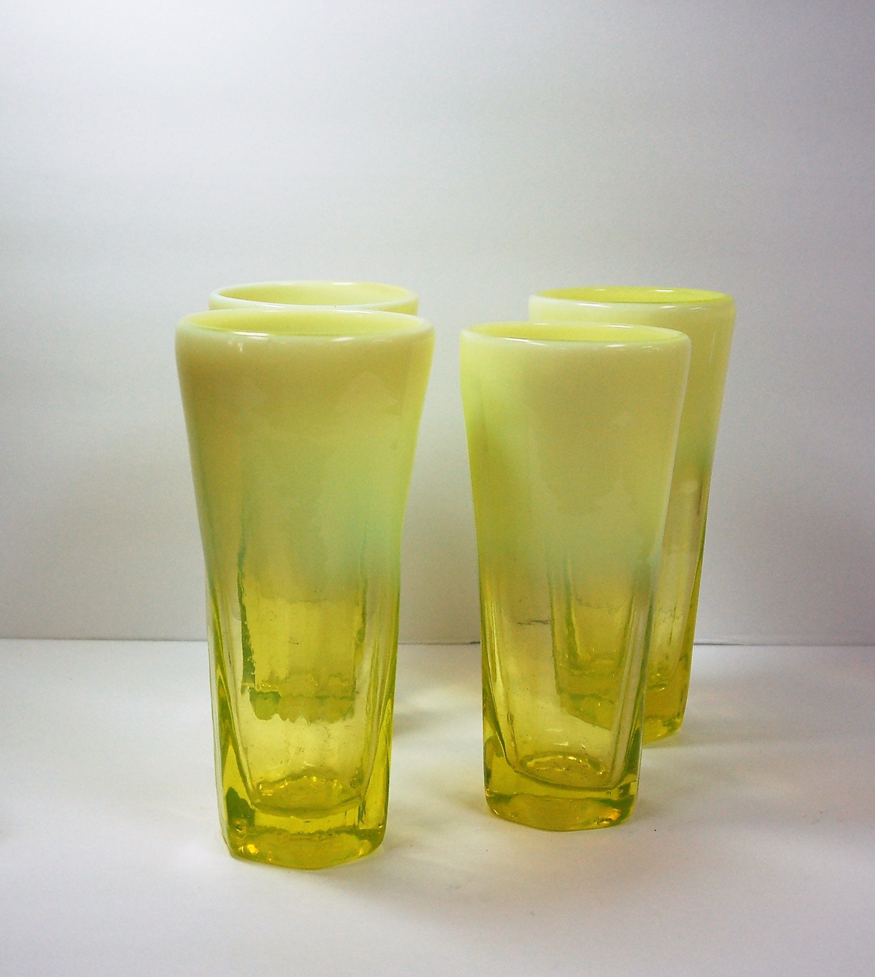 Gibson Glass hand blown set of four Vaseline iced tea glasses