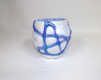 Gibson Glass White and Cobalt Iridescent Cobweb Vase