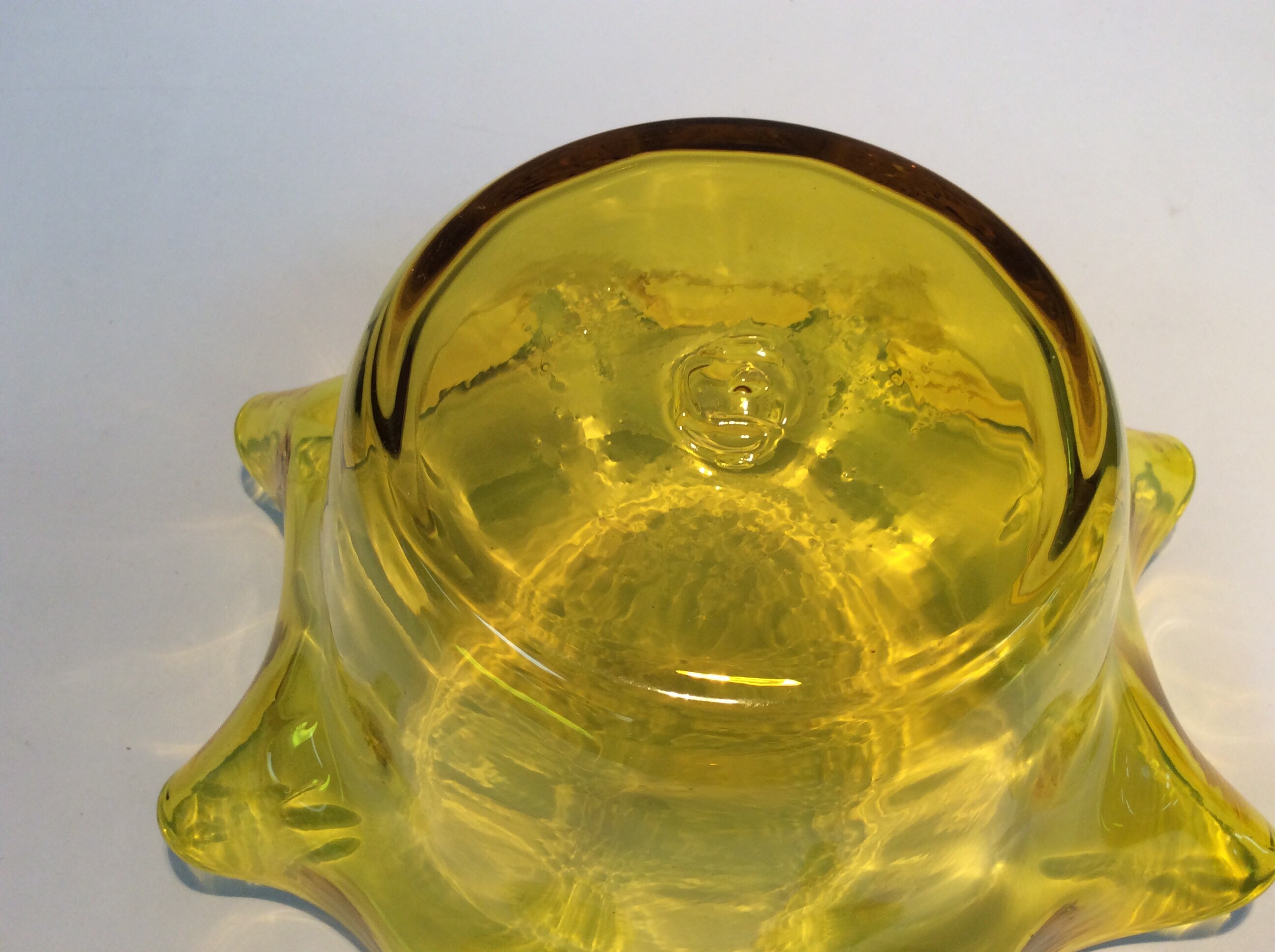 Blenko Glass vintage 3744X ruffled bowl in lemon yellow