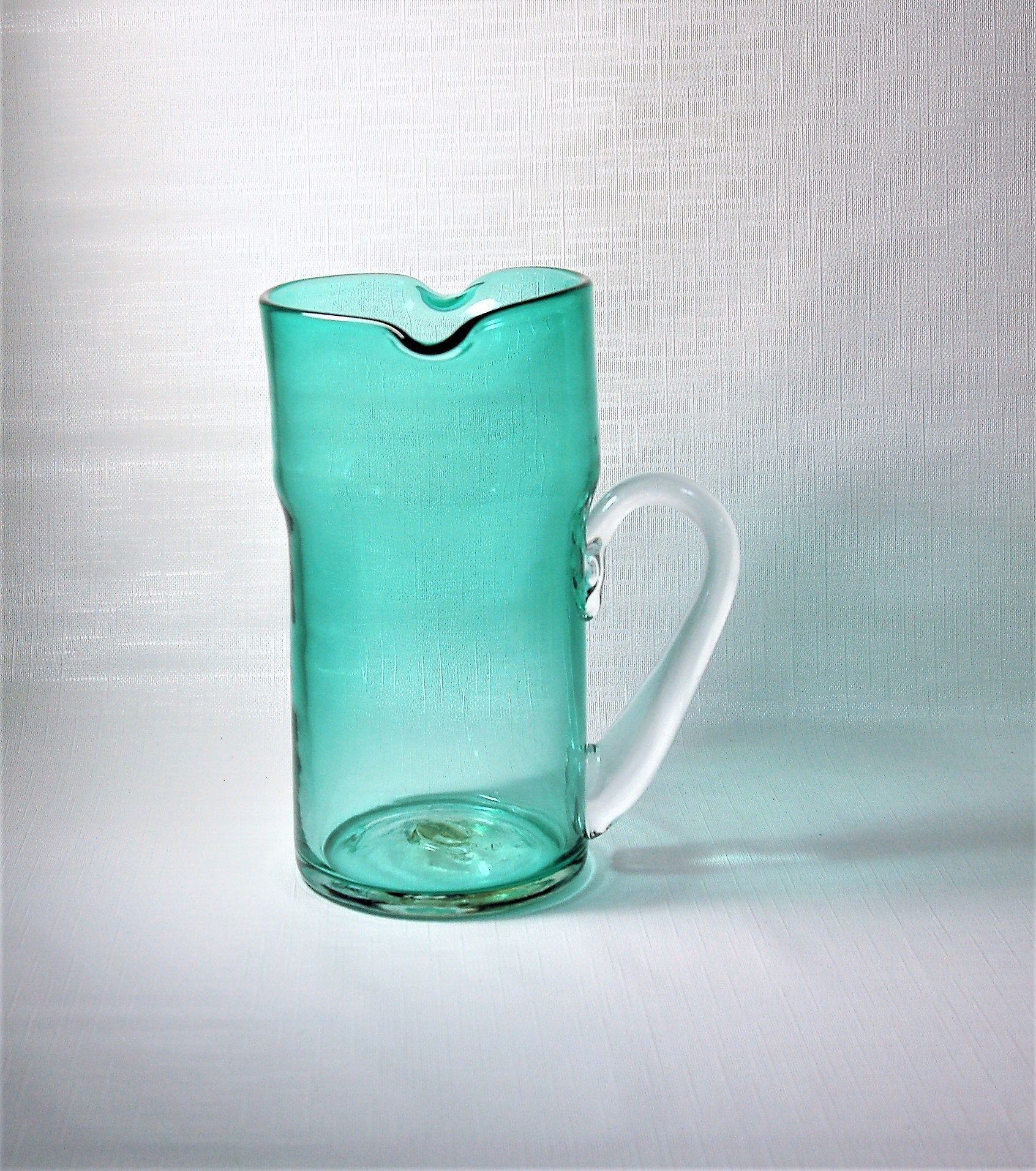 Blenko Glass Antique Green 9521 Double Spout Pitcher Crystal Handle