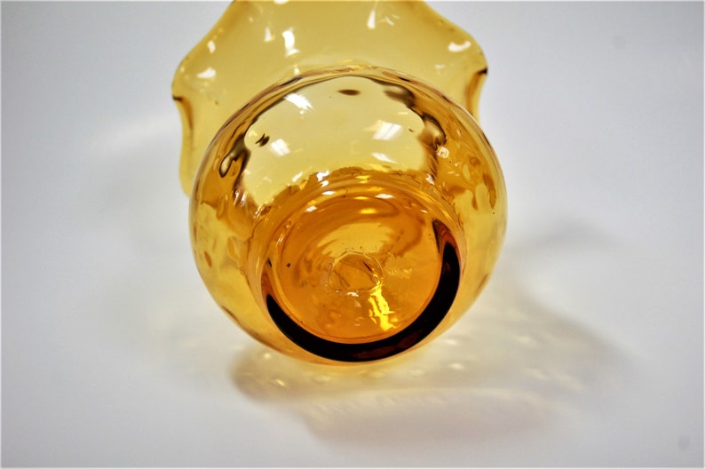 Blenko Glass hand blown vase dot optic ruffled top 707 in wheat amber image 4