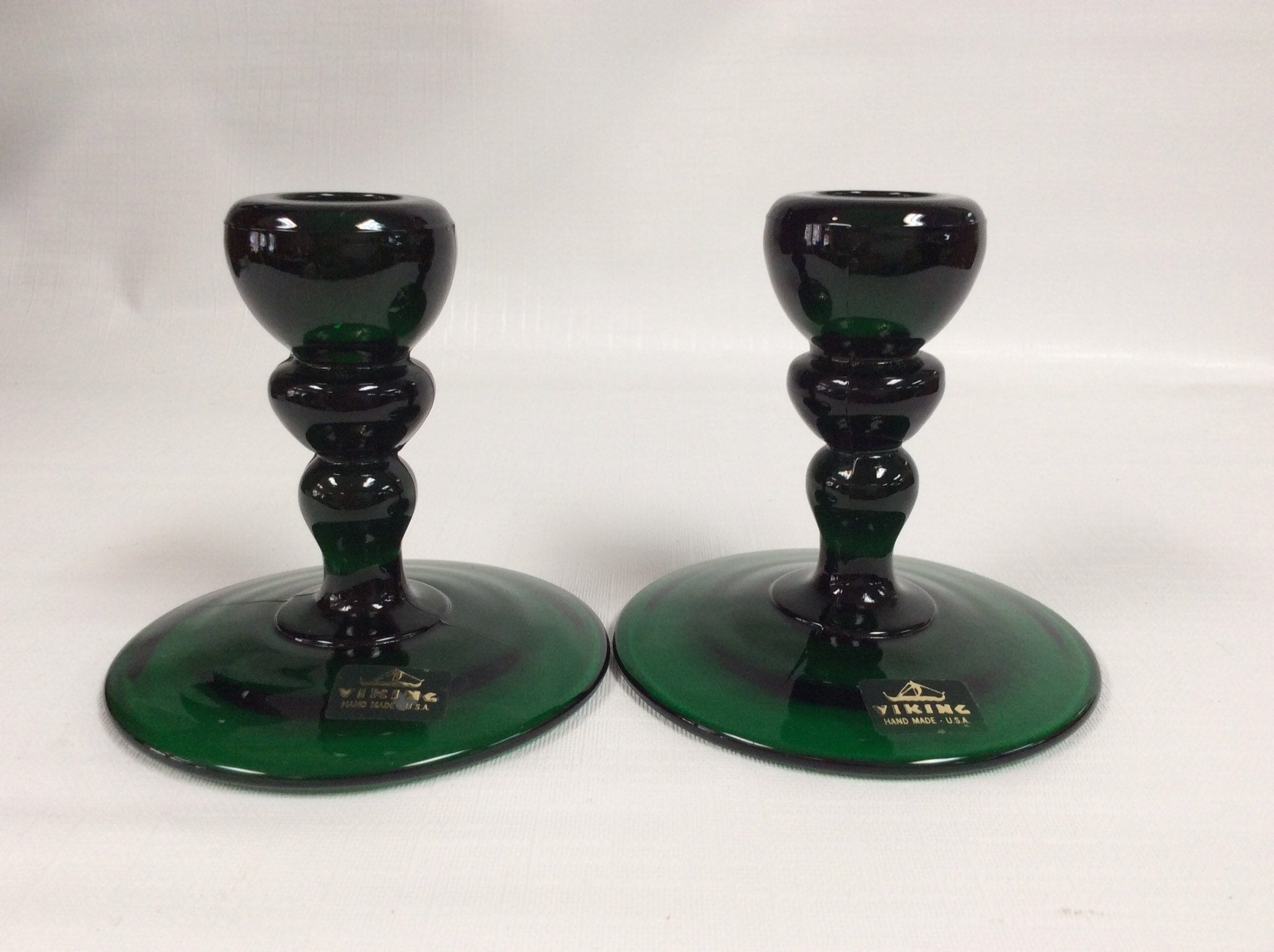 Pair Viking Glass emerald green candle holders