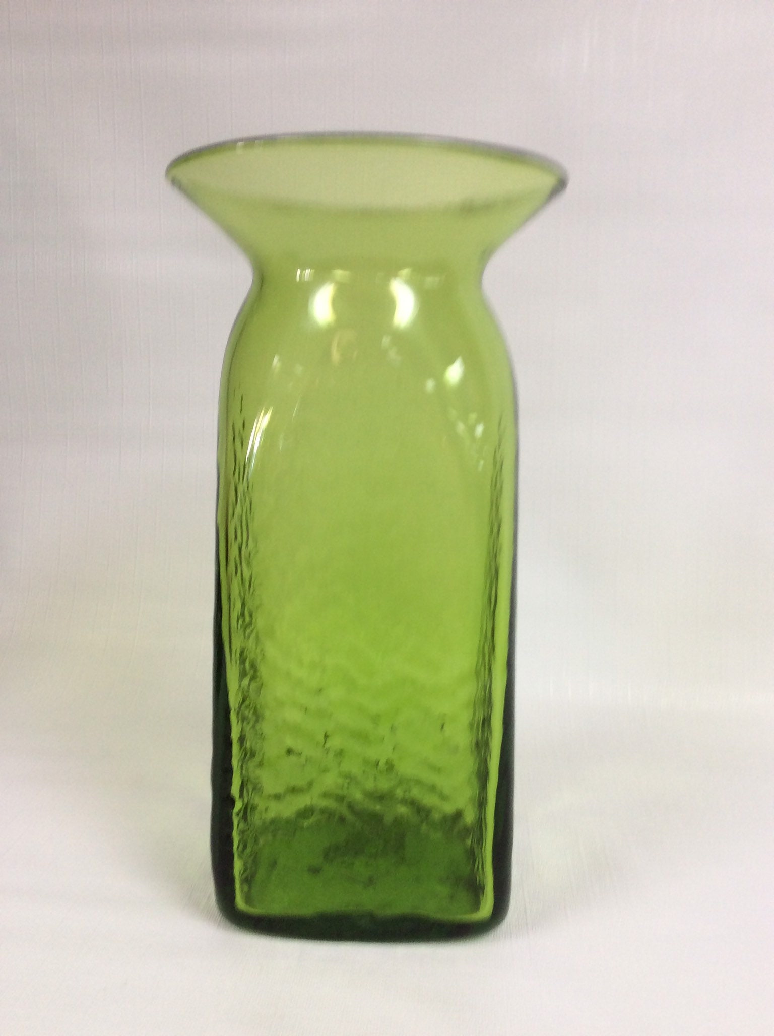 Blenko Glass hand blown textured vase 6610 in olive green, Joel Myers
