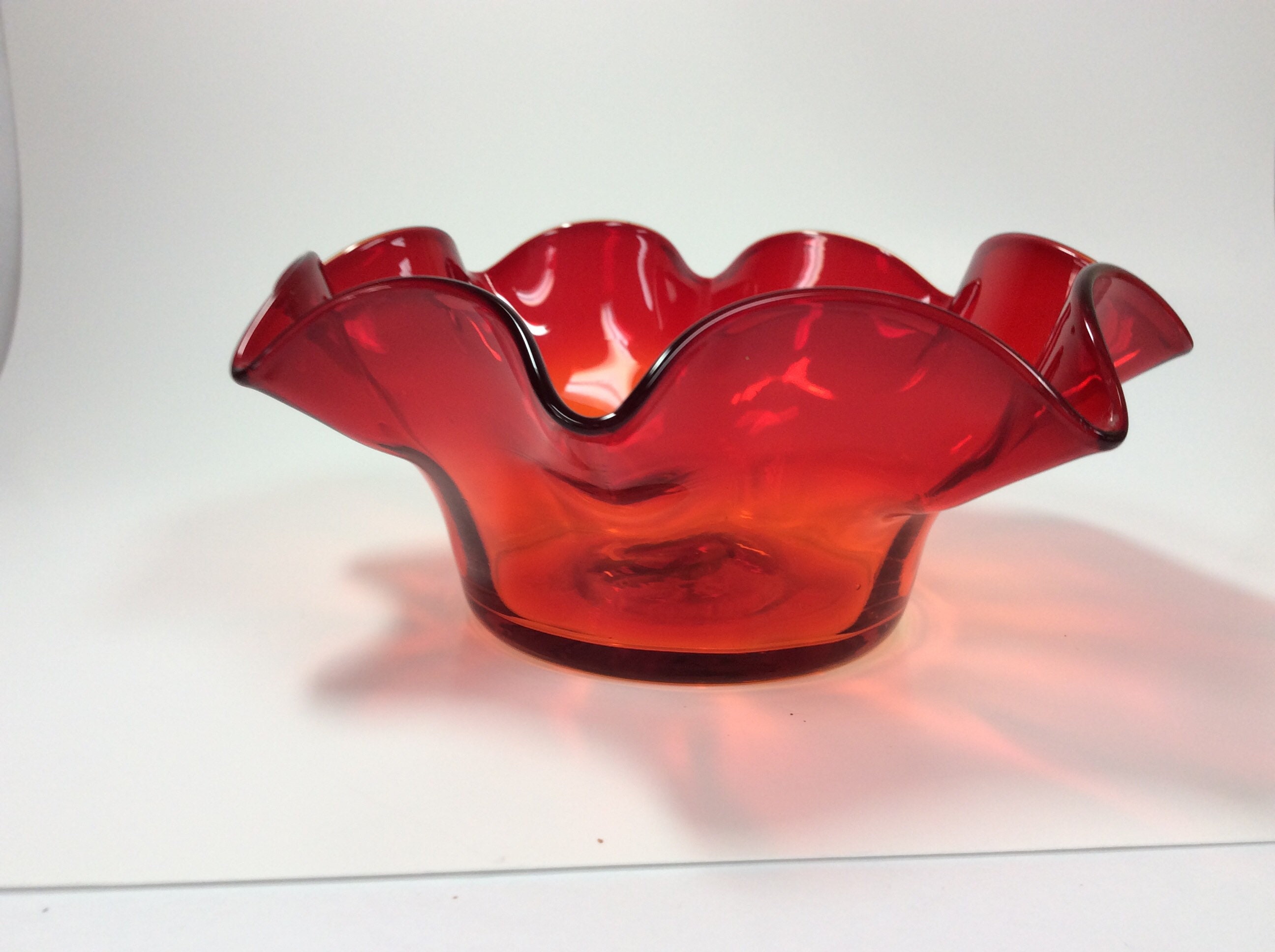Blenko Glass vintage 3744X ruffled bowl in tangerine crackle.