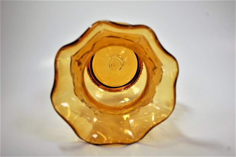 Blenko Glass hand blown vase dot optic ruffled top 707 in wheat amber image 2