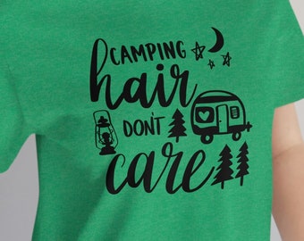 Camping Hair Don't Care Funny Camper Tee | Retro Glamper Shirt | RV Road Trip Hiking Gift | 7 Colors | Adult Unisex Soft Jersey Short