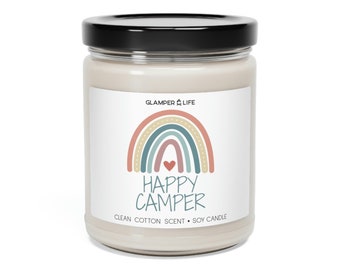 HAPPY CAMPER Candle Clean Cotton Scented SOY Candle | 9oz Glass Jar Cotton Wick | Camping Rainbow themed gift | Stocking Stuffer
