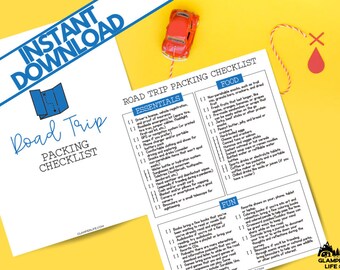 May include: A road trip packing checklist with the words "Instant Download" and "Road Trip Packing Checklist" in blue. A small red toy car sits on a yellow background. The checklist includes essentials, food, and fun items.