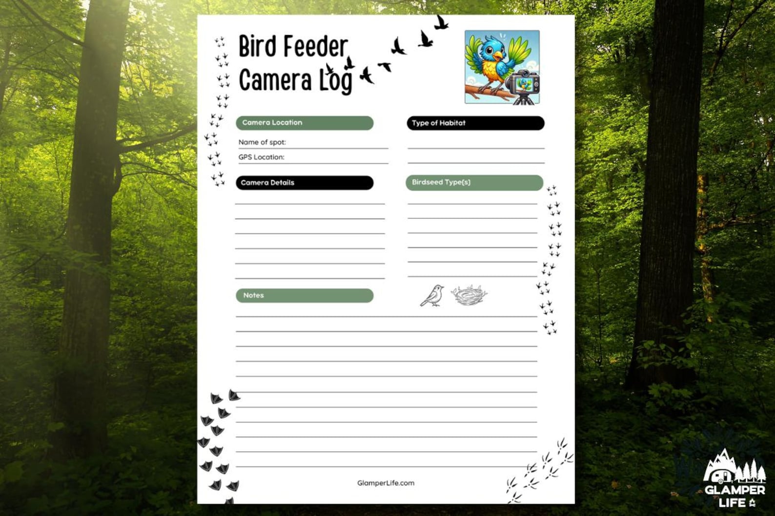 Camera Logging Sheet Example Bird Feeder Camera Log - 5-page Printable | Bird Watching Journal ...