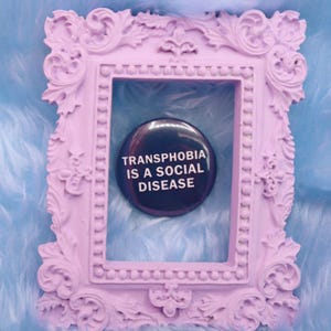 Pode incluir: Um botão redondo preto com o texto branco "TRANSPHOBIA IS A SOCIAL DISEASE". Está dentro de uma moldura decorativa lilás clara. O fundo é um tecido azul claro e macio.