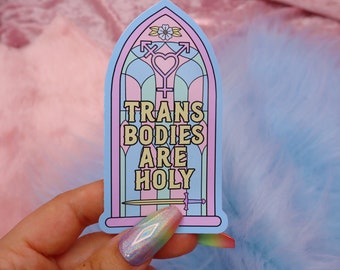 Könnte beinhalten: Ein Aufkleber mit einem Buntglasfenster-Design. Das Fenster ist blau, rosa und grün mit einem Herzen und einem Transgender-Symbol. Der Text lautet "Trans Bodies Are Holy".