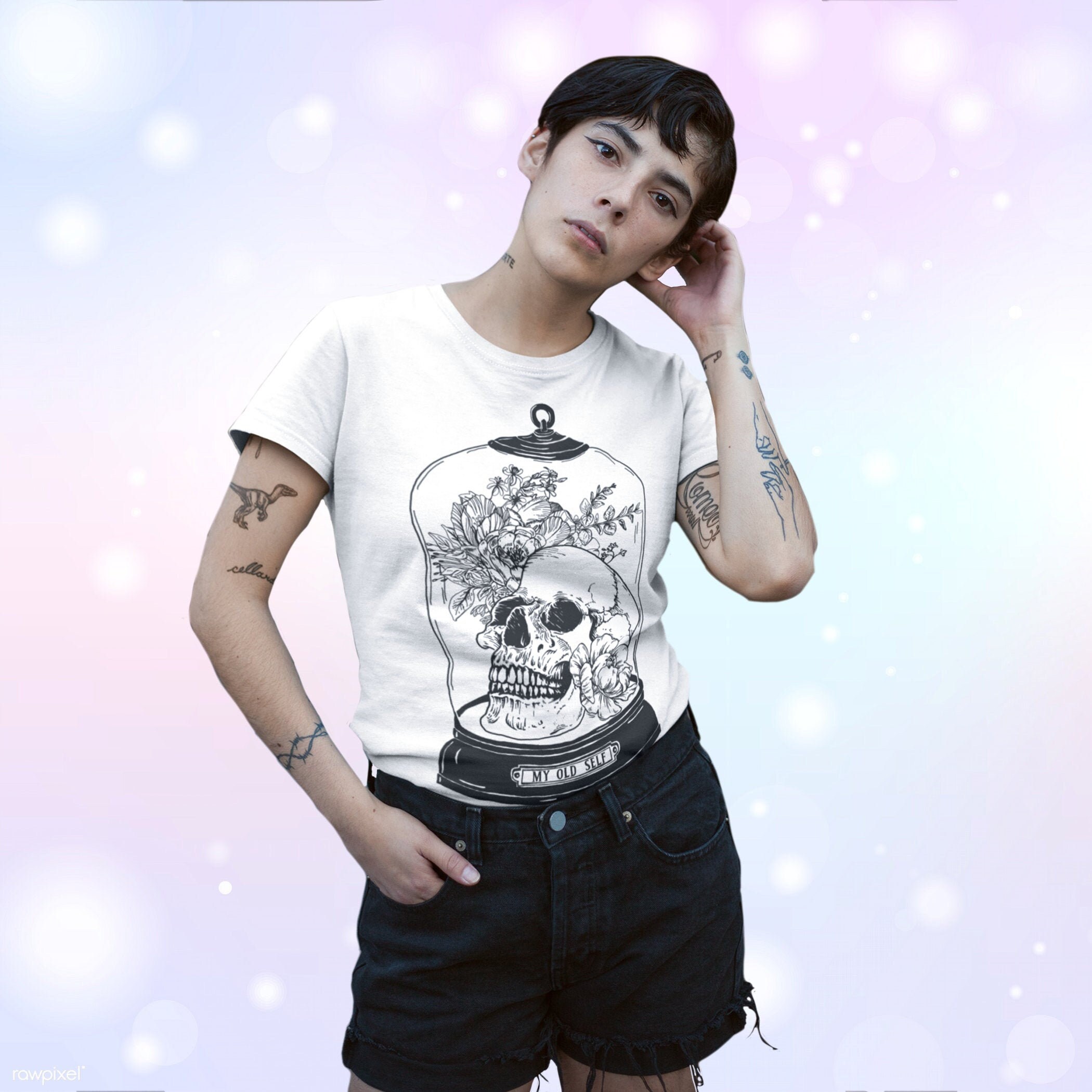 Image of Trans Gay Regrowth My Old Self Bell Jar Skull Skeleton Floral Tshirt Queer Goth Gothic Flower Display Taxidermy Vintage Medical