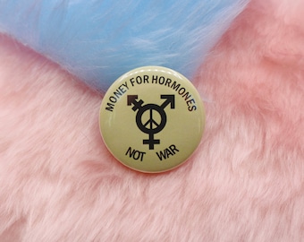 Money For Hormones Not War Button Badge