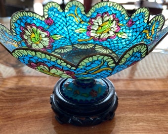 Vintage cloisonné candy dish with wood stand | Home Decor | Chinese decor