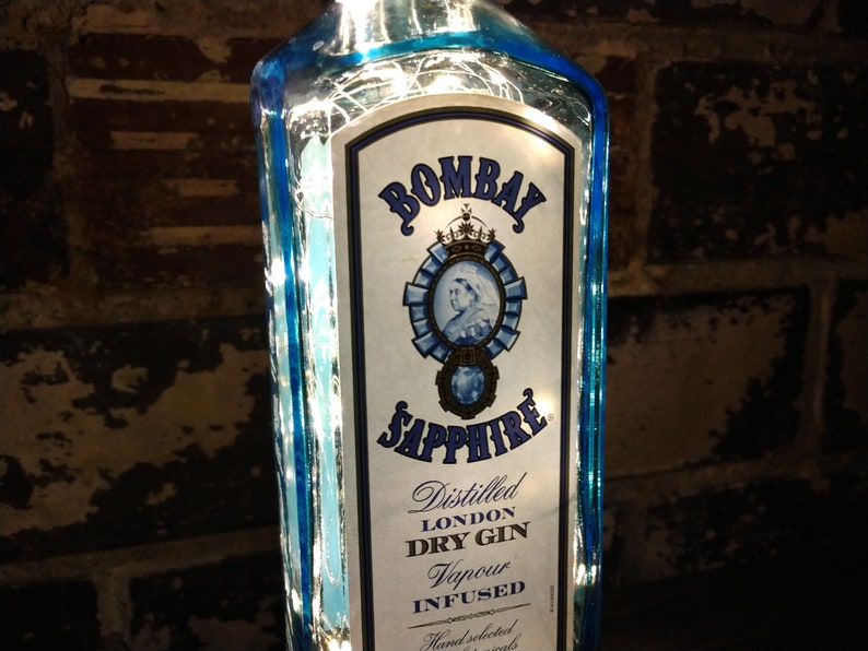 White LED Lights Recycled Liquor Bottle Lamp Upcycled Bombay Sapphire Dry Gin Portable USB Bottle Lamp Man Cave Office Bar Kitchen