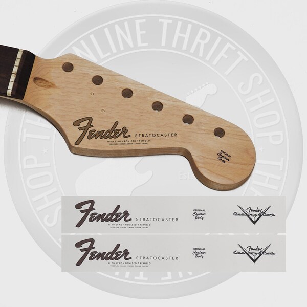 Fender Strat 60's Style Waterslide Decals for Headstock w/ Custom Shop Logo (Set of 2)