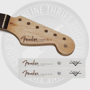 Fender Strat Spaghetti Style Waterslide Decals for Headstock w/ Custom Shop Logo (Set of 2)