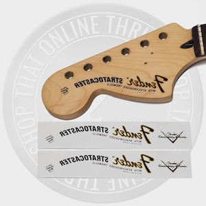 Fender Strat Reverse 70&#39;s Style Waterslide Decals for Headstock w/ Custom Shop Logo (Set of 2)