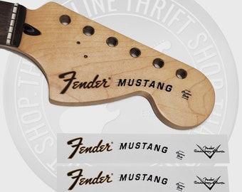 Fender Mustang 70's Style Waterslide Decals for Headstock w/ Custom Shop Logo (Set of 2)