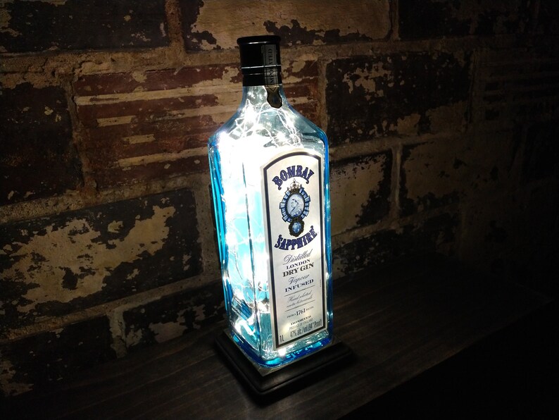 White LED Lights Recycled Liquor Bottle Lamp Upcycled Bombay Sapphire Dry Gin Portable USB Bottle Lamp Man Cave Office Bar Kitchen