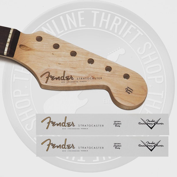 Fender Strat Spaghetti Style Waterslide Decals for Headstock w/ Custom Shop Logo (Set of 2)
