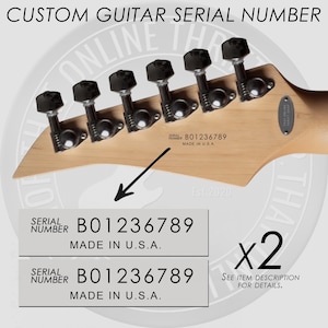May include: A light-colored wooden guitar headstock with six black tuning pegs. The headstock features the text SERIAL NUMBER B01236789 MADE IN U.S.A. An arrow points to two identical rectangular labels displaying the same serial number and text.