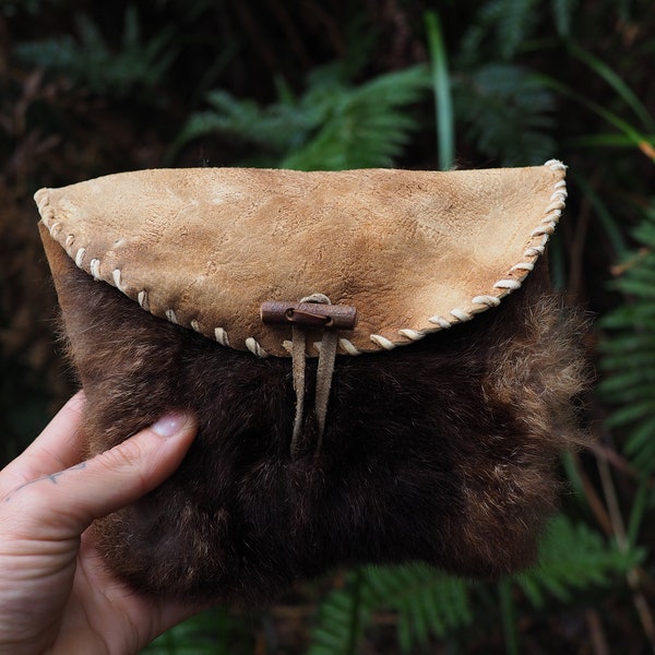 Traditionally Tanned Brushtail Possum, Buckskin and Bark Tan Belt Pouch, Handmade Brain and Smoke Tan, Natural Pelt, Primitive Style