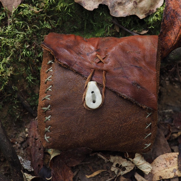 Handmade Bark Tan Goat and Wallaby Leather Belt Pouch Antler Button, Traditionally Tanned Natural Eco Friendly Gift Viking Style Primitive