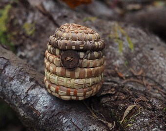 Handwoven Mini Beehive Basket Native Fibers, Eco Plant Dyed Fibers Natural Forest Nature Coil Weave Handmade Unique Fibercraft