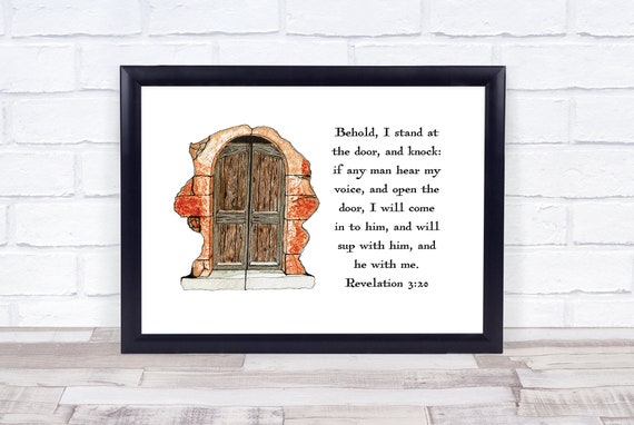 Behold I Stand At The Door Rev 3 20 Hand Drawn Door Watercolor Painting Bible Verse Art Digital Download Wall Art Print 8x10 Size