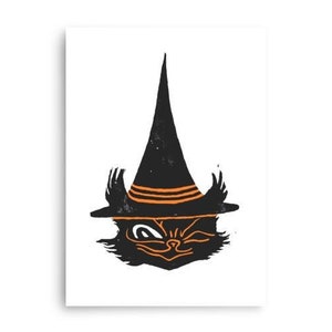 Póster impreso de Halloween Witch Cat de 5” x 7” o 11” x 14”, arte de gato, decoración de otoño, arte de pared, decoración de Halloween