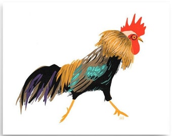 May include: A colorful illustration of a rooster with a red comb and wattle, black, brown, gold, and teal feathers, and a white background.