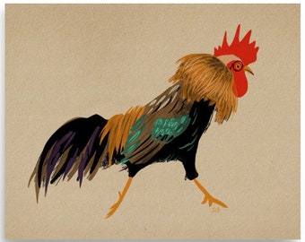 May include: A rooster with a red comb and wattle, black and brown feathers, and a green and brown tail, is walking on a beige background.