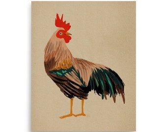 May include: A brown and green rooster with a red comb and wattle stands on a beige background.