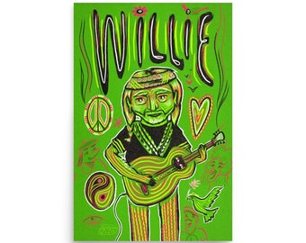 WILLIE NELSON 12”x18” poster print, country music art, gift for music fan, green art, peace love hippie art