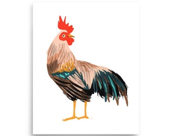 May include: A rooster with a red comb and wattle, brown and black feathers, and a teal blue tail. The rooster is standing on a white background.