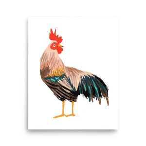 Happy Rooster Print 8”x10”, farm animal art, cottagecore, rooster art, chicken poster, kitchen art
