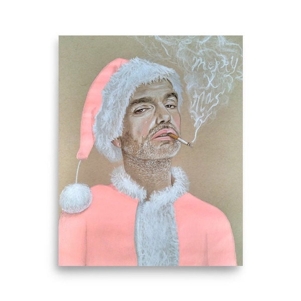 SLECHTE BILLY BOB Santa 8"x10" poster print, lage wenkbrauw, kerstdecor, slechte kerstman, Billy Bob Thornton, eigenzinnige kunst