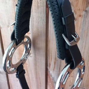 Puede incluir: Brida de caballo de cuero negro con detalles metálicos plateados. La brida presenta una cabezada y carrilleras acolchadas, con un anillo decorativo plateado a cada lado. Diseñada para uso ecuestre.