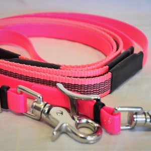 Neon Pink Biothane Trail Reins: Reflective Grip, Stainless Steel Snap