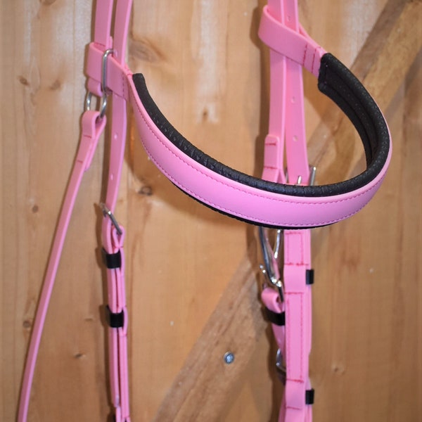 Synthetic Western Headstall in Matt (Beta) Biothane in Salmon Pink with Padded Brow Band