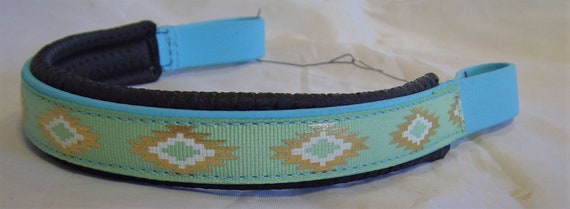 Perfeq Padded Brow Band Matt Baby Blue Biothane with Mint & Gold Tribal Design Perfeq Padded Brow Band Matt Baby Blue Biothane with Mint & Gold Tribal Design