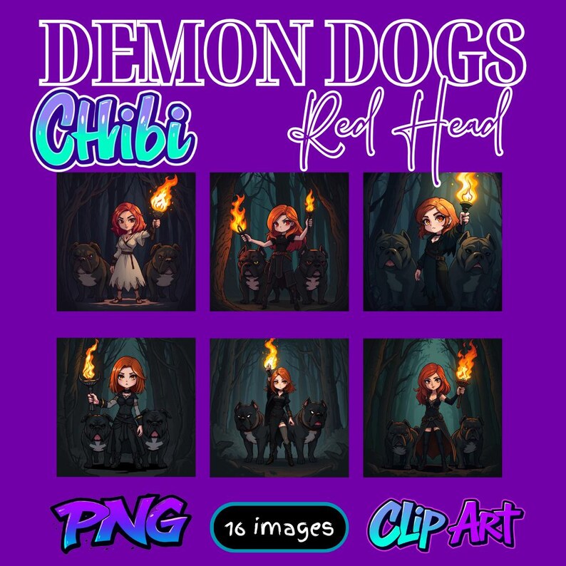 Chibi Demon Dogs Red Head Clipart 16 PNG Dark Fantasy Graphics Female
