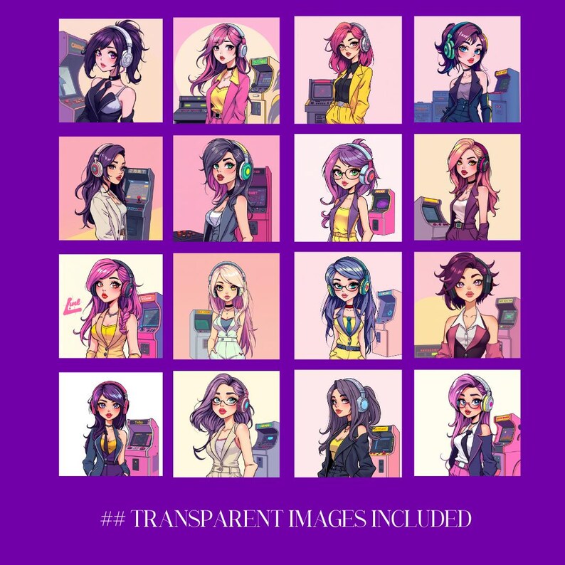 Chibi Retro Pink Girl Clipart 23 PNG 80s Arcade Girl Graphics Vintage