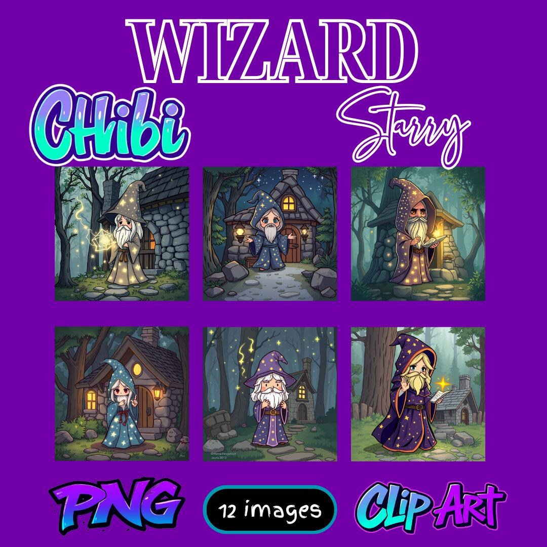 Chibi Wizard Clip Art Set 12 Magical Images PNG Format Enchanting ...