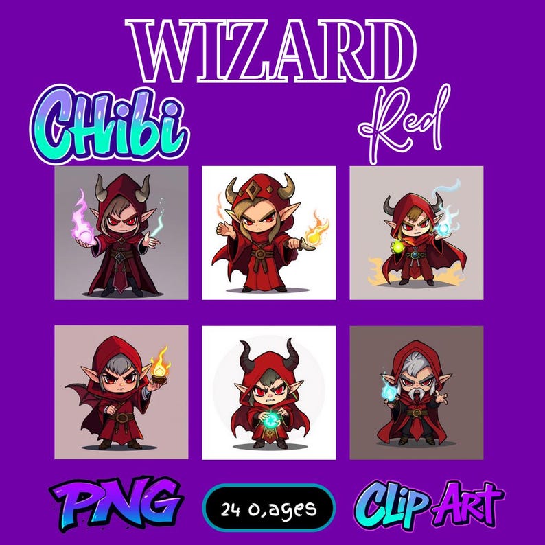 Chibi Red Wizard Clipart 24 PNG Magical Sorcerer Graphics Fantasy Mage